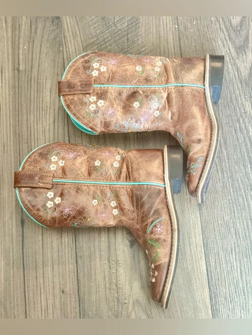 Smokey Mountain Girls Boots Brown/Turquoise Lining and Floral Embroidery Sz 13.5